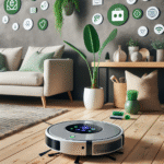 Moderne robotstøvsuger i et stilrent nordisk hjem, med ikoniske abonnements-symboler og grønne miljøikoner i bakgrunnen
