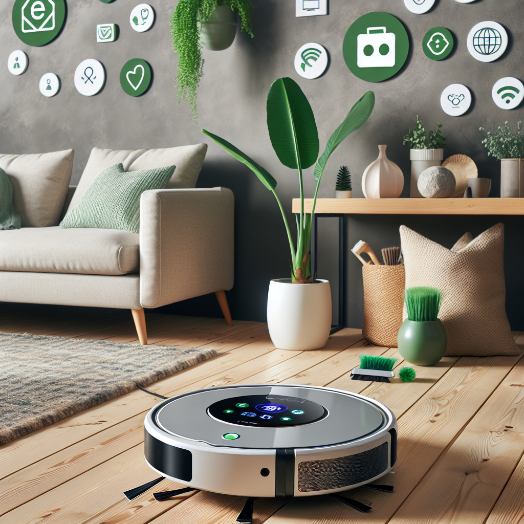 Moderne robotstøvsuger i et stilrent nordisk hjem, med ikoniske abonnements-symboler og grønne miljøikoner i bakgrunnen